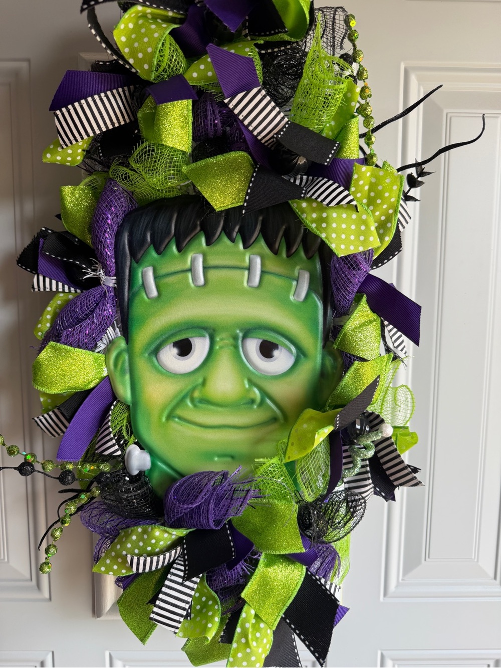 Frankenstein Halloween Door Wreath Swag Lighted Deco Mesh Purple Green Handmade